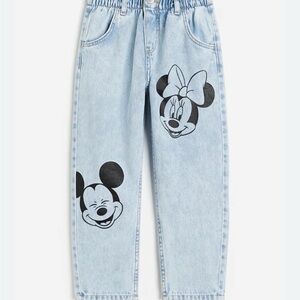 H&M relaxed fit paper bag jeans with Mickey and Minnie Mouse Print